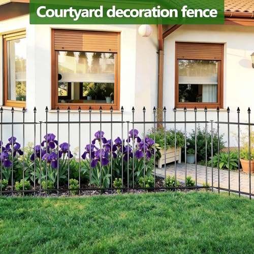 Decorative Metal Garden Fence，(12 Panels+ 13 Posts), Total Iength24 ft(W) x 24 in(H), High Metal Border Fence, Classic Roman Column Decoration, Garden and Lawn Landscape Fence, Black Animal Fence - size: 12 Panels-24 ft(W) x 24 in(H)