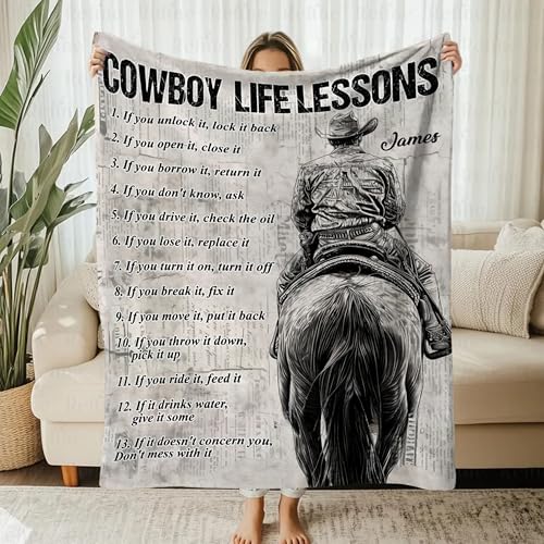 Cowboy Life Lessons Blanket, Personalized Cowboy Fleece Blanket, Cool Blanket Gift for Horse Lovers, Personalized Horse Blanket for Boys Custom Blanket with Name, Horse Throw Blanket for Men 50”x60”