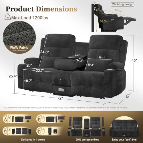 Power Reclining Loveseat Sofa with Flip Backrest Console - color: Fabric Gray, size: Power Loveseat