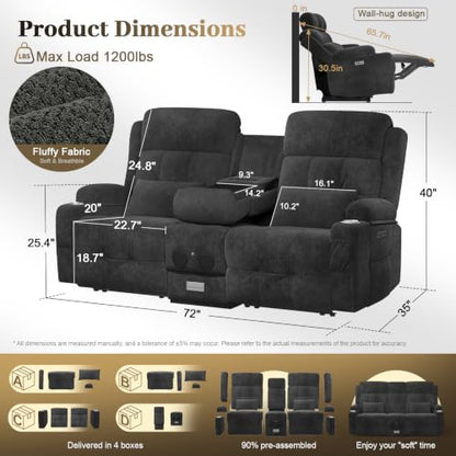 Power Reclining Loveseat Sofa with Flip Backrest Console - color: Fabric Gray, size: Power Loveseat