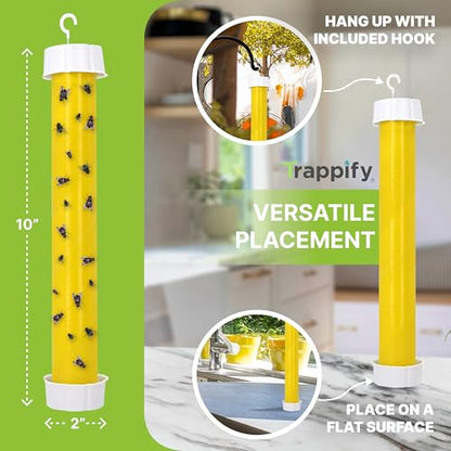 Trappify Hanging Fly Trap & Fruit Fly Traps for Indoors, Yellow, 4 Pack | Recycled Paper Stick with Ultra-Tacky Adhesive and Bait Cup, Hangs in Kitchens, Patios, Barns, Catches Flies and Gnats - size: Pack 4