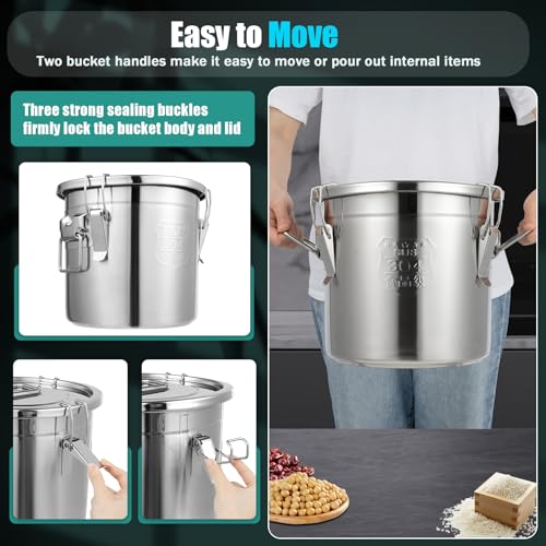 12L/3.2 Gal Stainless Steel Airtight Food Storage Canister, 304 Stainless Steel Storage Bucket with Lid & Handles, Leakproof Rice Grain Container, Sugar, Flour Storage Bin for Kitchen, Restaurant