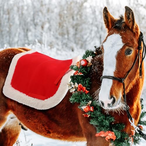 Abbylike Christmas Horse Saddle Pad Red Green Santa Saddle Pad with Faux Fur Trim for Horses, Dressage, Jumping & Training