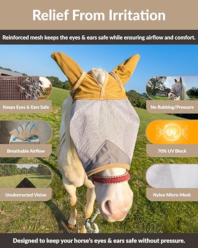 TSZ Horse Fly Mask with Ears Cover - UV Block 70% Breathable Mesh Flymask | Fly Masks for Horses, Durable Fly Control Mask, Comfortable All-Day Protection for Equines. Fleece Padding, Adjustable Straps - size: Horse