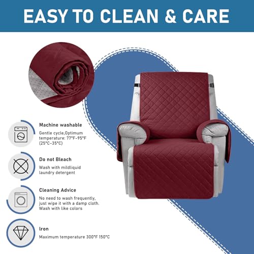 Louis Donne Reversible Quilted Recliner Slipcover Water Resistant Furniture Protector for Recliner Armchair Sofa Cover Anti Slip Chair Cover with Side Pockets for Living Room Home Decor Warm Red