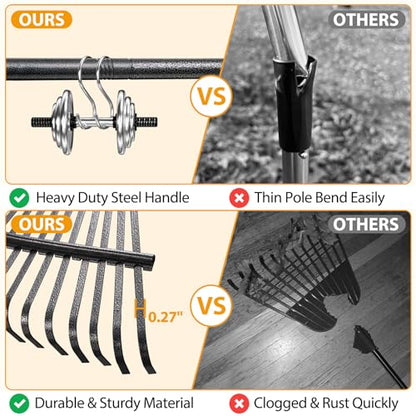 Rake, Garden Leaf Rakes for Lawns Heavy Duty, Yard Metal Rake Tools with 9" Small Narrow Rake Head, 65” Adjustable Long Handle, 11 Steel Tines, Quick Clean up Rake for Shrub, Flower Bed, Camping - style: 5 FT