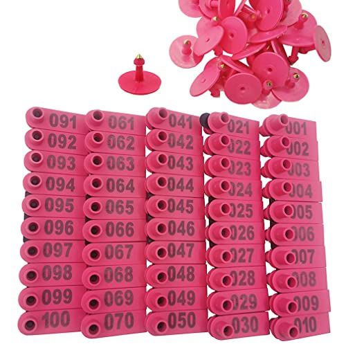 100PCS 001-100 Number Plastic Livestock Ear Tags Farm Animal Tags ID Tags Pink Green Blue Ear Tagger for Cow Cattle Sheep Goats Pigs Hogs Mark Label (Pink) - color: Pink