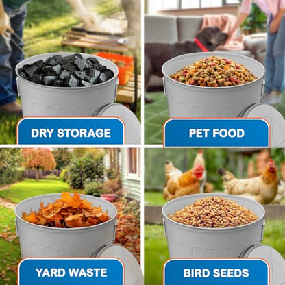 Plexon 20 Gallon Metal Trash Can with Lid Outdoor Large Trash Bin Steel Garbage Can for Garage Patio Farmhouse Bucket Bird Seed Storage Can Heavy Duty Round Container - color: Gray