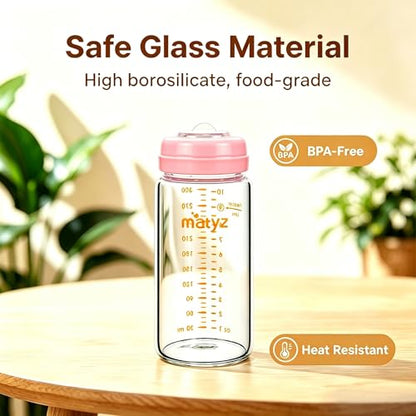 Matyz Glass Breastmilk Storage Set, 4 Pack 10oz, Compatible with Spectra Medela Philips Avent Pumps, Wide-Mouth Leakproof Containers for Freezing & Feeding, BPA-Free (Pink Lids) - color: [4 Pack] Pink Lids - 10 Ounce Borosilicate GLASS Bottle