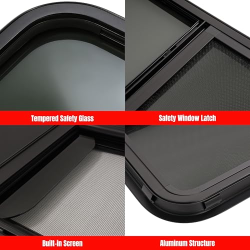 RV MURTS Trailer Window 24"x15", Tempered Glass with Screen & Trim Kit, 1-1/2" Wall Fit for Teardrop Camper, Cargo, Travel Motorhome, Horizontal Slide.(Aluminum, Shatterproof, Cold Insulation) - size: RV Window 24×15（1-1/2)