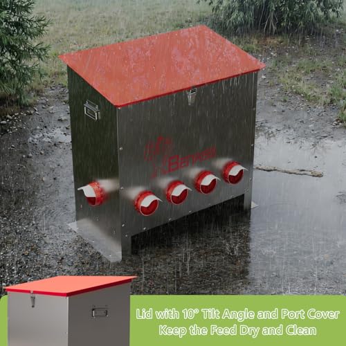 Metal Chicken Feeder, 150 LBs, 10 Ports | Automatic, No-Wase, Predator Proof Latch, Weatherproof, Anti-Tip Stakes, with Vegetable Hanging Feeder - size: 150 LB-10 Ports