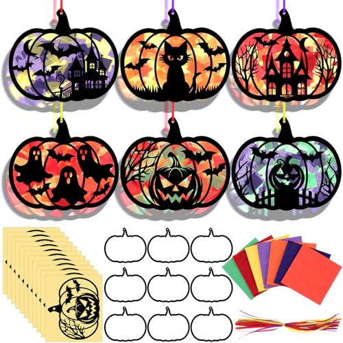 AmazingSpark 30 Pcs Halloween Pumpkin Suncatcher Craft Kit Tissue Paper DIY | 6 Spooky Designs Bat Ghost House, Stained Glass Effect for Classroom Party Activities, Bulk Art Projects, Hanging Included - style: Halloween