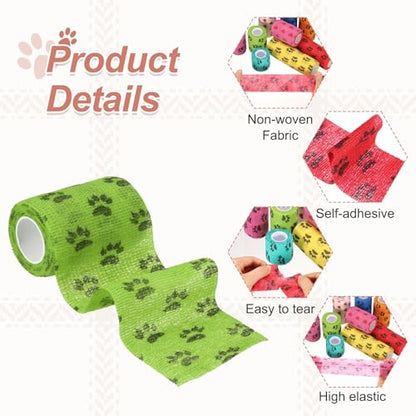 Pet Wrap Bandages, 3 Inch 5 Yard Self Adhesive Bandage Wrap, Pet Non-Woven Tape First Aid Cohesive Gauze, (Grass Green/Paw, 2 Pcs), Intended for Dog/Cat/Bird/Legs/Paws/Wound - color: Grass Green, size: 3 inch