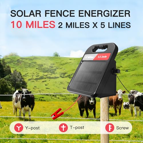Solar Electric Fence Charger-0.3J-10 Miles, Maximum Output Voltage 10200V- Provide 24-Hour Uninterrupted Protection for Livestock and Yards with Rechargeable Solar Panel Black