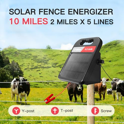 Solar Electric Fence Charger-0.3J-10 Miles, Maximum Output Voltage 10200V- Provide 24-Hour Uninterrupted Protection for Livestock and Yards with Rechargeable Solar Panel Black