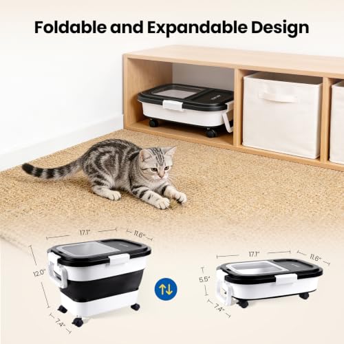 Dog Food Storage Container 15-25lbs, Airtight Pet Food Bin with Locking Lid & Clear Window, Collapsible Rolling Storage Container with Wheels & Scoop, Black - color: Black-M