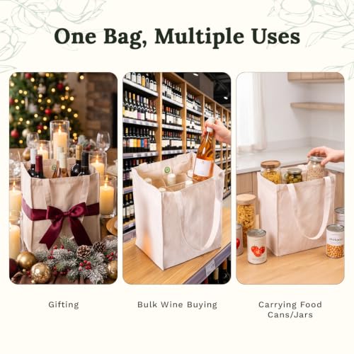 Six Bottle Canvas Wine Tote Bag - Premium Material, Extremely Sturdy, Washable & Reusable Wine Carrier Bag - Double Stitched Reusable Wine Bags - Sturdy 6 Bottle Wine Carrier (1 Bag)