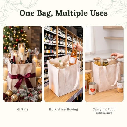 Six Bottle Canvas Wine Tote Bag - Premium Material, Extremely Sturdy, Washable & Reusable Wine Carrier Bag - Double Stitched Reusable Wine Bags - Sturdy 6 Bottle Wine Carrier (1 Bag)