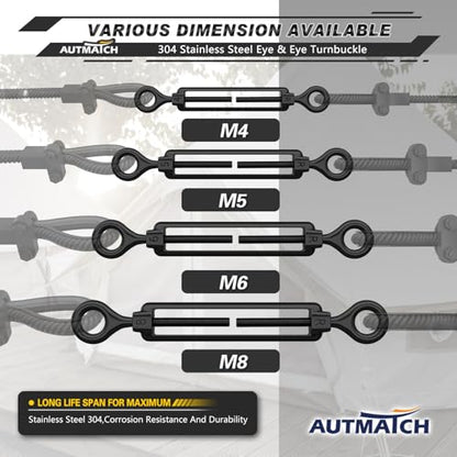 AUTMATCH M5 Eye & Eye Turnbuckle - 304 Stainless Steel Wire Rope Tensioner | Adjustable Turnbuckle for Cable Railing, Fence & Shade Sail Hardware, Wire Rope Tension Kit, 6-Pack, Black - color: Black Tone - Eye & Eye, size: M5