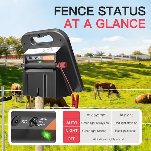 Solar Electric Fence Charger-0.3J-10 Miles, Maximum Output Voltage 10200V- Provide 24-Hour Uninterrupted Protection for Livestock and Yards with Rechargeable Solar Panel Black