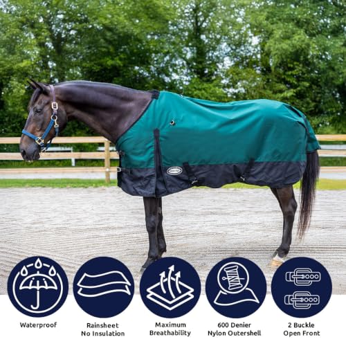 Country Pride Cascade Rainsheet for Horses, Waterproof 600D Turnout, Adjustable Double Buckle Front, Bias Surcingle, Removable Elastic Leg Straps, Shoulder Gussets, Tail Cover, Hunter Green/Black (76) - size: 76