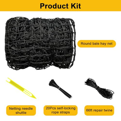 5x5ft Round Bale Hay Net for Horses, Heavy Duty Slow Feed Hay Net with 1.6" Mesh, Black Nylon Hay Feeder for Horses, Cattle, Goats, Includes Free Repair Kit, Reduce Waste - size: 5x5FT