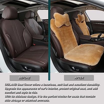 OGLAND Fuzzy Sheepskin Car Seat Cover for Soft Fur Genuine Wool Cushion - color: Honey Beige