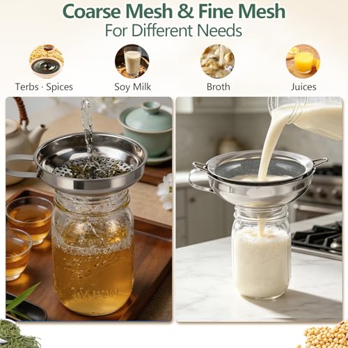 4-in-1 Canning Funnel Set, Stainless Steel Wide Mouth & Regular Funnels with Extended Stable Spout, Umbrella Strainer & Mesh Filter, Food-Grade Kit for Large Food, Jars, Oil, Kitchen Use