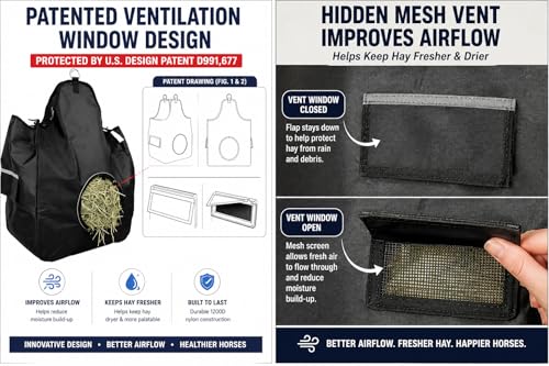 Derby Originals Heavy Duty 1200D Horse Hay Bag – Patented Ventilation Windows, Anti-Waste Feeding Design, Holds 2-3 Flakes, Slow Feed Front Opening, 6-Month Warranty - color: Black