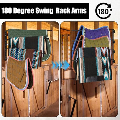 Saddle Pad Rack 4 Bar Wall Mount, Horse Blanket Holder 180 Degree Swing Rack Arms Saddle Rack Wall Mount for English Saddle Pad Storage Various Accessories (15.8 x 23.6 Inch)