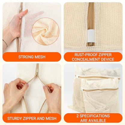 6Pcs Organic Cotton Mesh Laundry Bags for Delicates, Durable Mesh Wash Bags, Sturdy Zipper Laundry Bag for Underwear, Clothes, Shoes, Socks, (3 Large, 3 Medium) - color: 6pcs beige