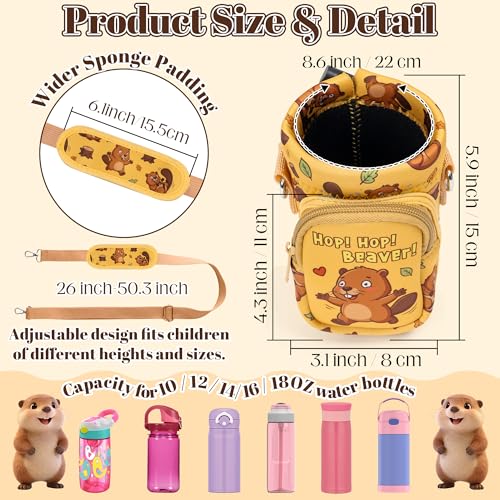 Water Bottle Carrier Bag with Strap for Kids - Water Bottle Bag Holder with Padded Strap Pocket 10/12/14/16/18Oz for Boys Girls School Walking Hiking Camping - style: Beaver
