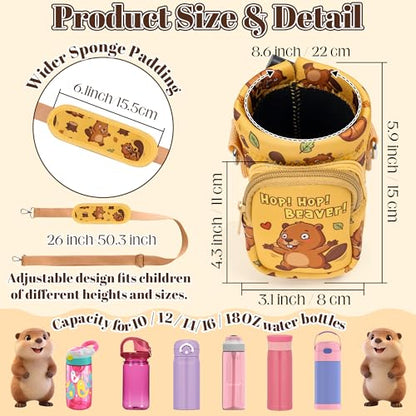 Water Bottle Carrier Bag with Strap for Kids - Water Bottle Bag Holder with Padded Strap Pocket 10/12/14/16/18Oz for Boys Girls School Walking Hiking Camping - style: Beaver
