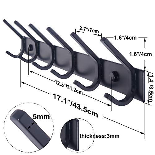 WEBI Coat Rack Wall Mounted,17-1/8 Inch Hooks for Hanging Coats,Heavy Duty Metal Hook Rail with 6 Double Dual Hooks Hanger Wall Mount for Purse Clothes Jacket Backpack Entryway,Black - size: 6 Hooks