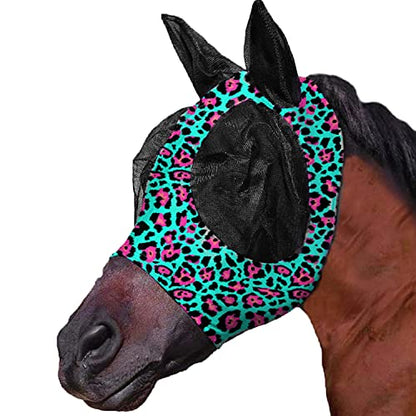 Upgrade Uv Horse Fly Mask with Ears - Equine Sunscreen Lycra Quiet Ride Elasticity Fly Mask with Ear Protection (Green Leopard Print) - color: Green Leopard print