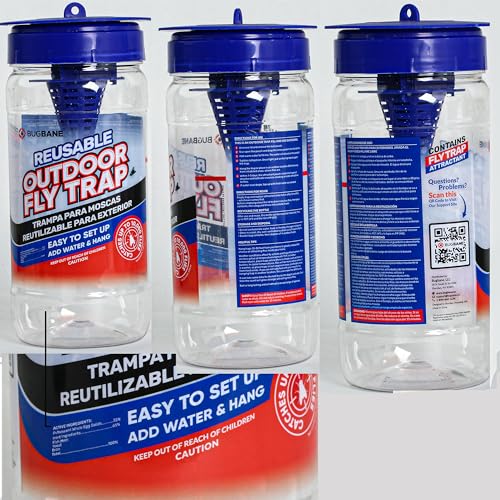2 Fly Traps Outdoor Fly Trap for Patio with 4 Non-Toxic Dissolvable Bait Refills and 12 Sticky Ribbons. Reusable Hanging Bug Catcher Killer for All Filth Flies for Outside Bug Control Yard Ranch