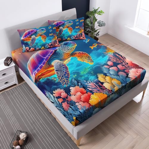 Coastal Turtle Bedding Set Full Size,1 Fitted Sheet+2 Pillowcases. - color: Color, size: Full