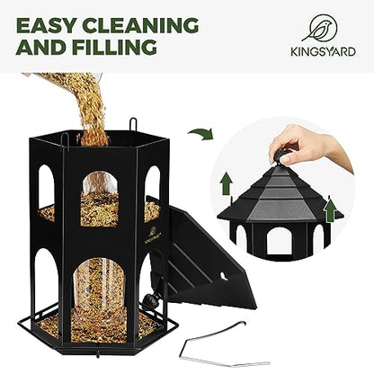 Kingsyard Metal Bird Feeder for Outdoor Hanging, Wild Bird Feeders with Circular Perch, Easy to Clean & Refill, 4 lbs Large Seed Capacity, Black - color: Black