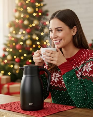 GiNT 51Oz Stainless Steel Thermal Coffee Carafe with Lid/Double Walled Vacuum Thermal Carafe / 12 Hour Heat Retention (Black, 1.5L) - color: Black, size: 50.7 Ounces