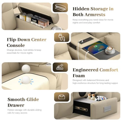 Power Reclining Loveseat Sofa with Flip Backrest Console - color: Kahki Texture Finish, size: Power Loveseat