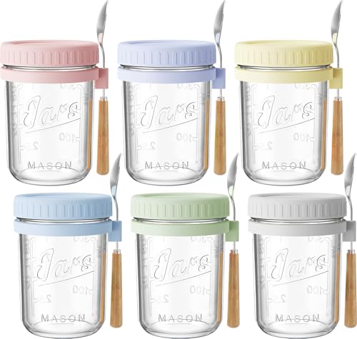 16oz Glass Overnight Oats Containers with Lids & Spoons, 6 Pack MultiColor - color: Misty Colors - 6 Pack