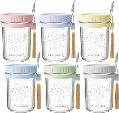 16oz Glass Overnight Oats Containers with Lids & Spoons, 6 Pack MultiColor - color: Misty Colors - 6 Pack