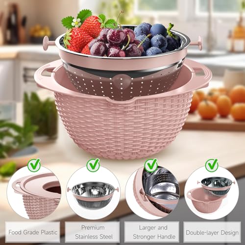 4-1 Colander with Bowl & Spoons Set - Food Strainer with New Upgraded Graters & Spoons - Colanders for kitchen(Patented) - Strainer for Fruit Pasta Veggie, Funny Presents for Women, Pink - color: Pink