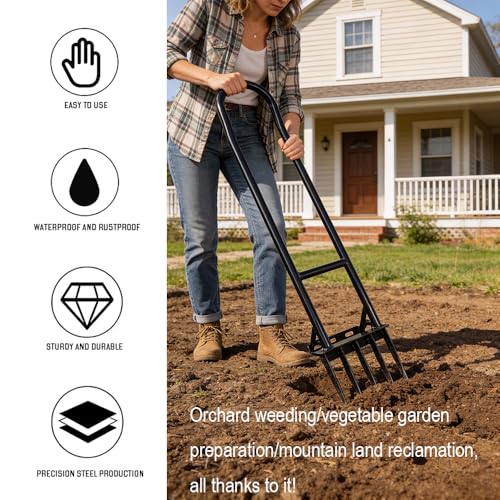 Heavy Duty Garden Broadfork 46 Inch, 5-Tine Manganese Steel Garden Fork with U-Shaped Dual Handle, Ergonomic Labor-Saving Garden Tool for Soil Loosening, Weeding, Aeration, Composting, Transplanting