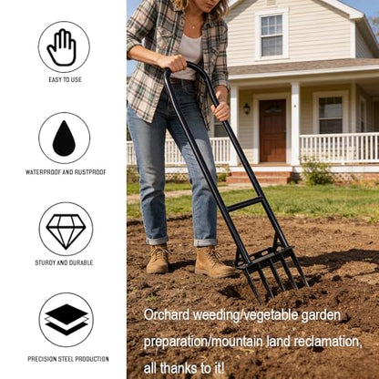 Heavy Duty Garden Broadfork 46 Inch, 5-Tine Manganese Steel Garden Fork with U-Shaped Dual Handle, Ergonomic Labor-Saving Garden Tool for Soil Loosening, Weeding, Aeration, Composting, Transplanting