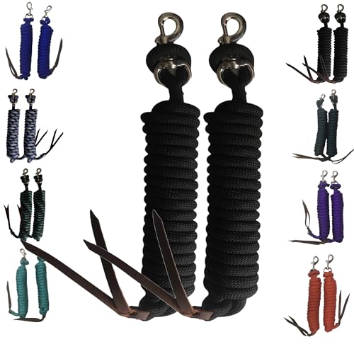 Majestic Ally 14' Pack of 2 Poly Training Lead Rope with Leather Popper for Horses & Livestock – 14 Foot Long and 5/8 inch Thick - Replaceable Heavy-Duty Bolt Snap (Black) - color: Black