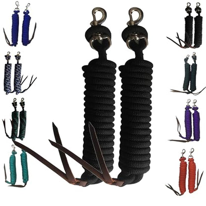 Majestic Ally 14' Pack of 2 Poly Training Lead Rope with Leather Popper for Horses & Livestock – 14 Foot Long and 5/8 inch Thick - Replaceable Heavy-Duty Bolt Snap (Black) - color: Black