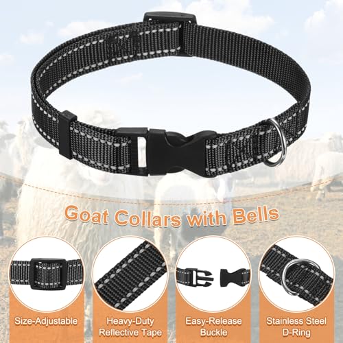 Generic 6-Pack Reflective Goat Collars with Bells, 13.8"-20.5" Polyester Adjustable Pet Collar with Anti-Lost Grazing Copper Bell for Small Farm Animal/Sheep/Cow/Goat [Black]