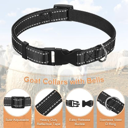 Generic 6-Pack Reflective Goat Collars with Bells, 13.8"-20.5" Polyester Adjustable Pet Collar with Anti-Lost Grazing Copper Bell for Small Farm Animal/Sheep/Cow/Goat [Black]