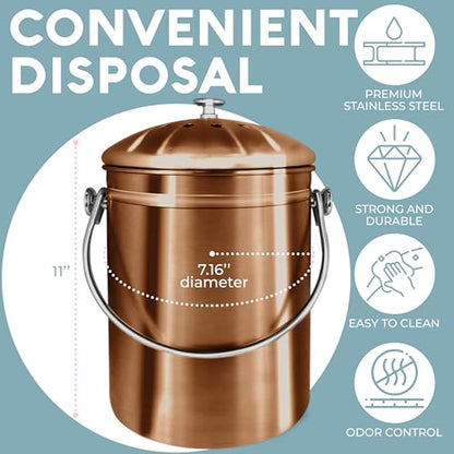 Epica Kitchen Compost Bin for Kicthen Countertops, 1.3 Galllon - Copper - color: Copper